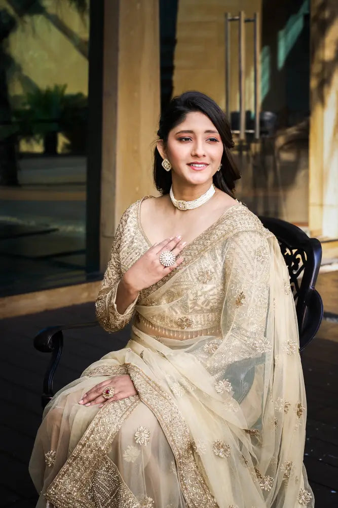 Golden Ready Made Net Handwork Sequence Jarkan Saree