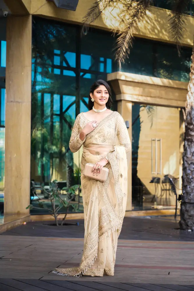 Golden Ready Made Net Handwork Sequence Jarkan Saree