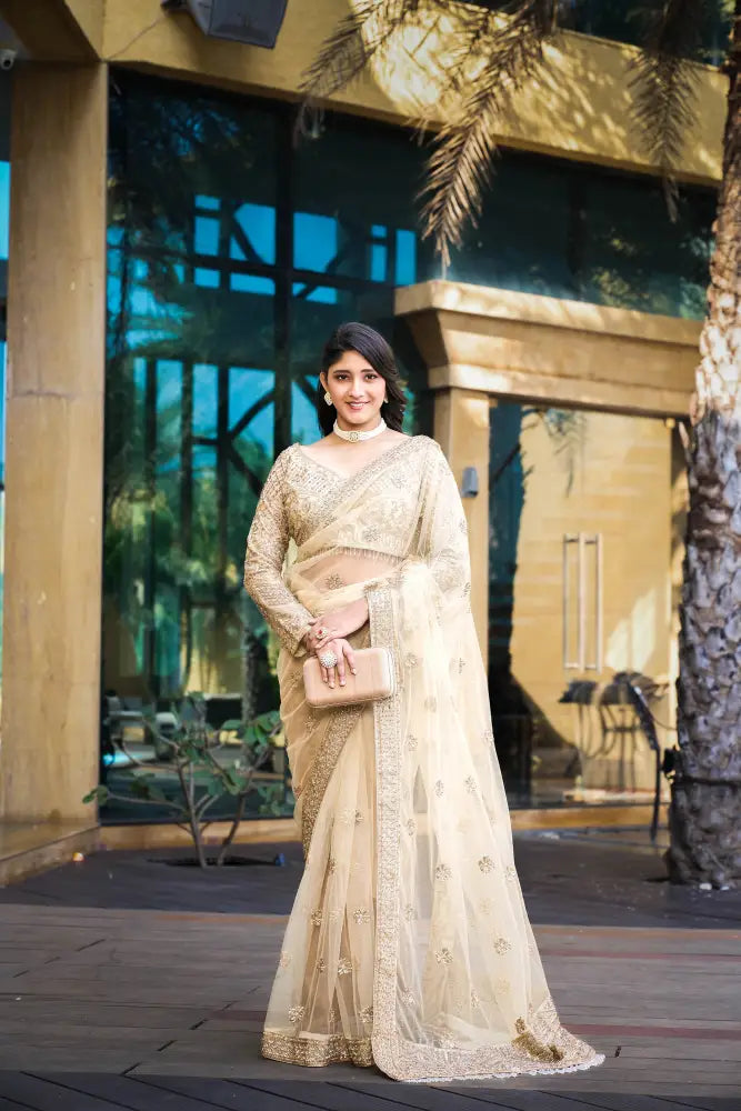 Golden Ready Made Net Handwork Sequence Jarkan Saree