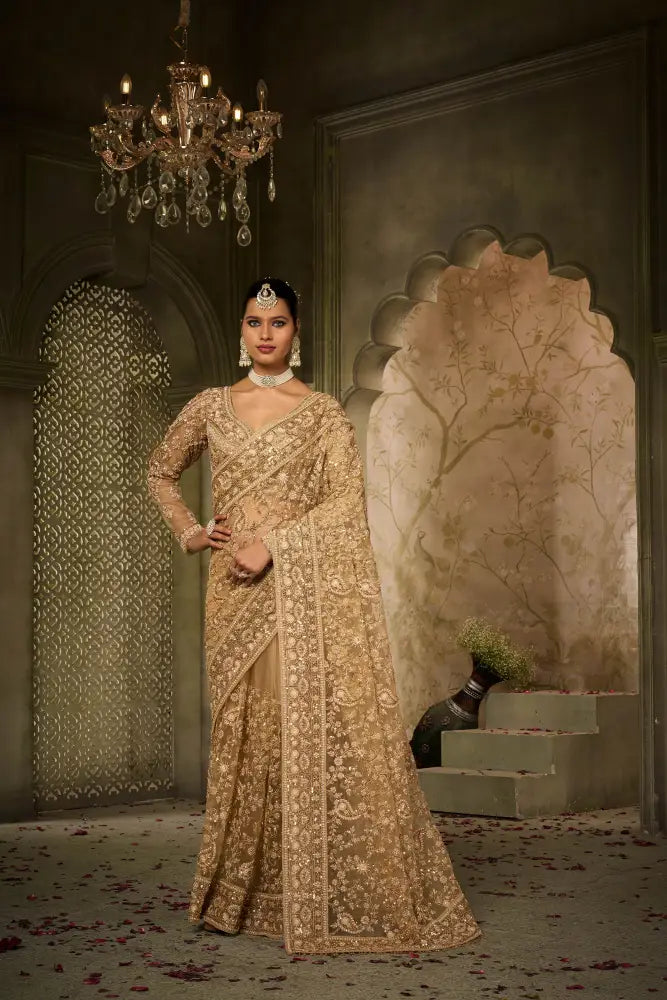 Golden Saree With Exclusive Handwork And Jarkan Embellishments Saree