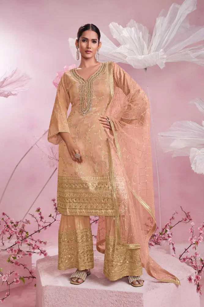 Gorgeous Peach Organza Suit with Gota Pati and Handcrafted Work Suits