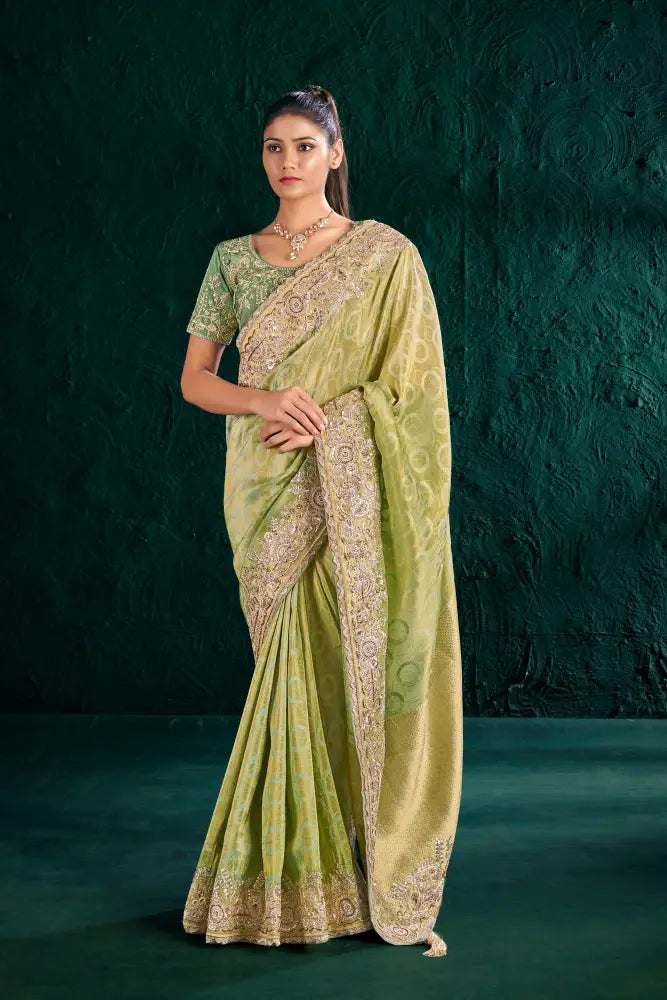 Green Banarasi Saree With Exclusive Stone Work For Grand Occasions Saree