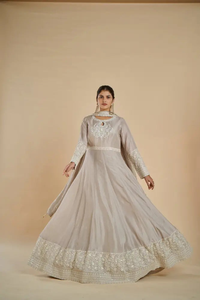 Grey Pure Fabric Gown With Exquisite Handwork Art Gown