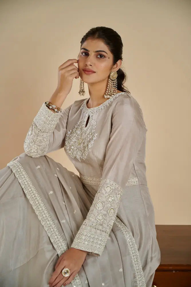 Grey Pure Fabric Gown With Exquisite Handwork Art Gown