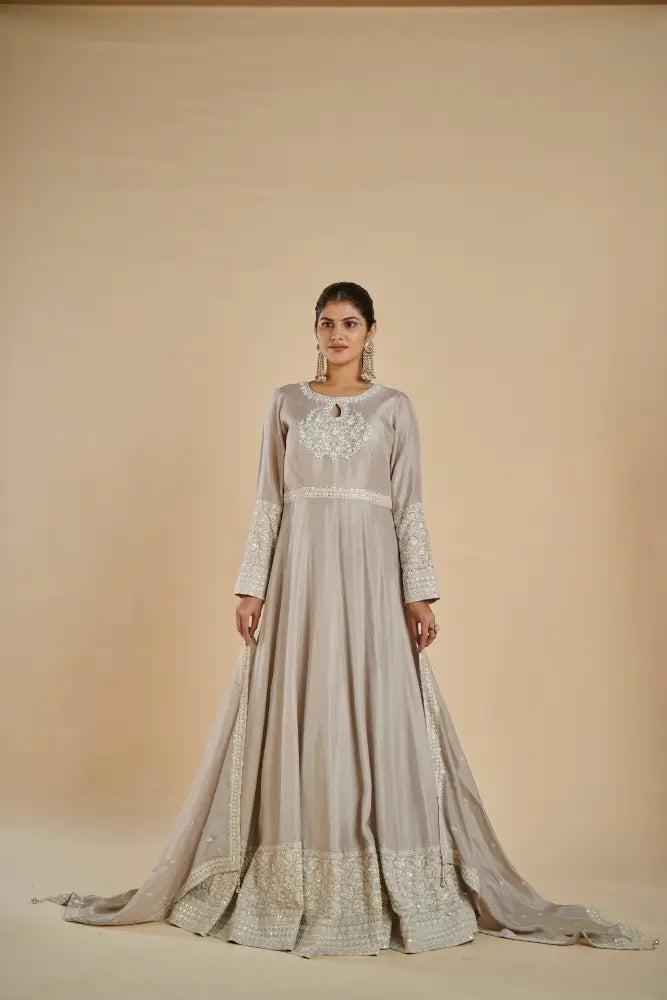 Grey Pure Fabric Gown With Exquisite Handwork Art Gown