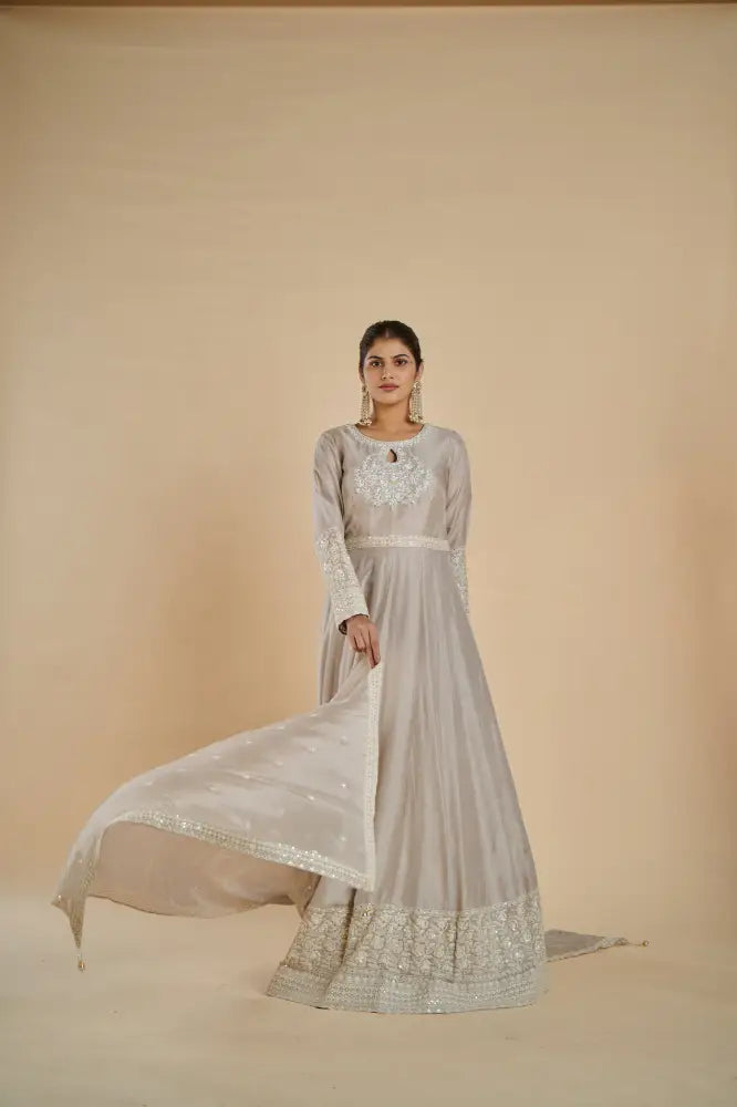 Grey Pure Fabric Gown With Exquisite Handwork Art Gown