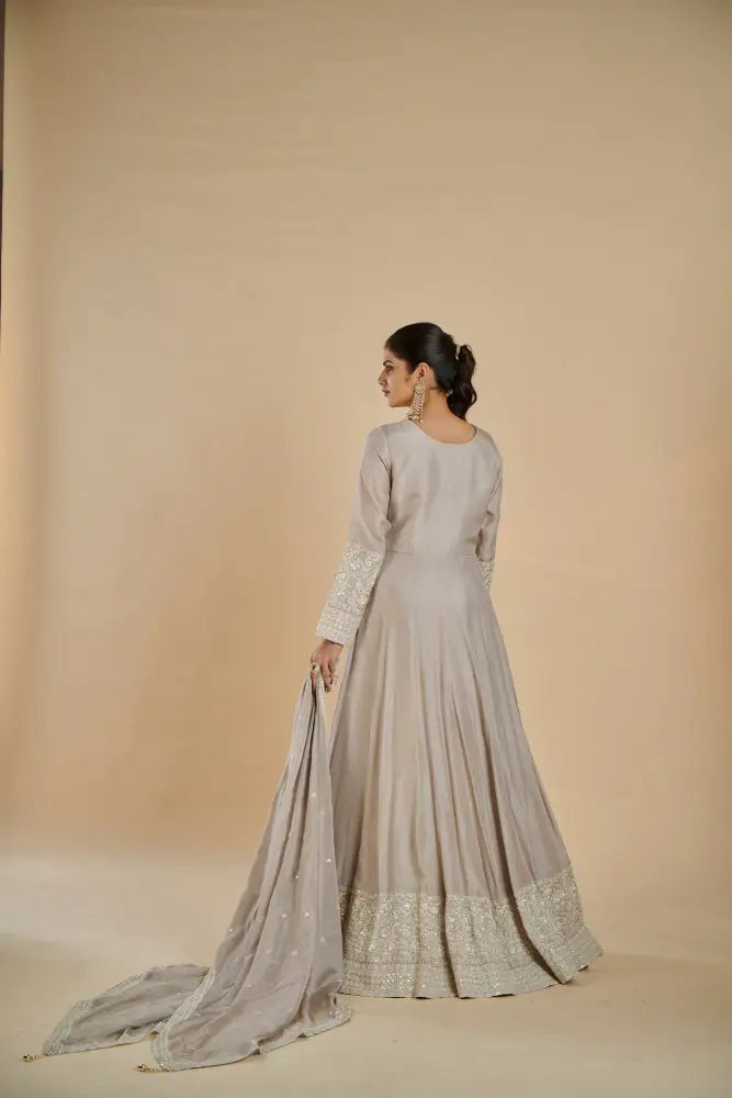 Grey Pure Fabric Gown With Exquisite Handwork Art Gown
