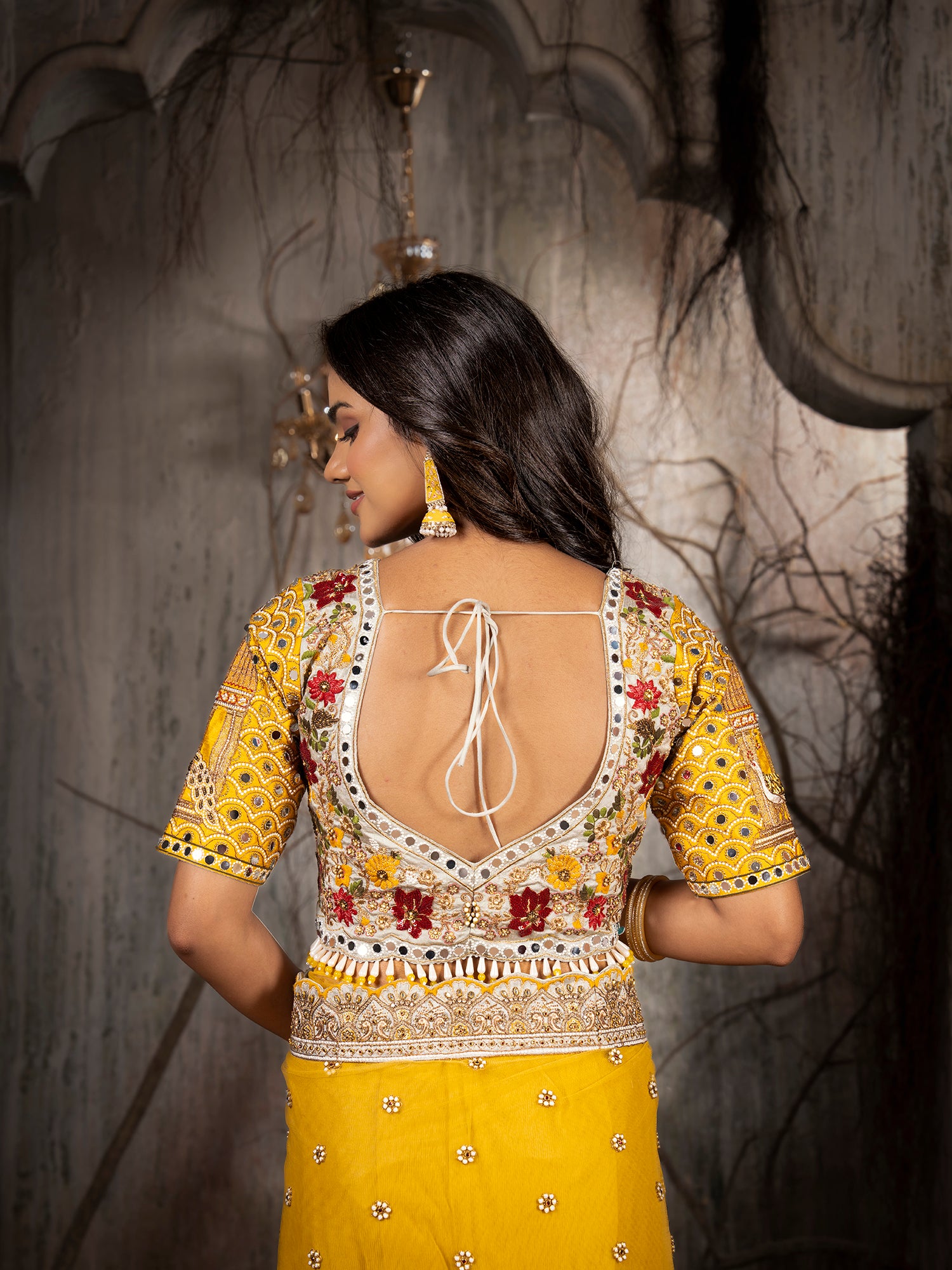 Sunny Yellow Silk-Net Saree With Intricate Mirror &amp; Bead Work