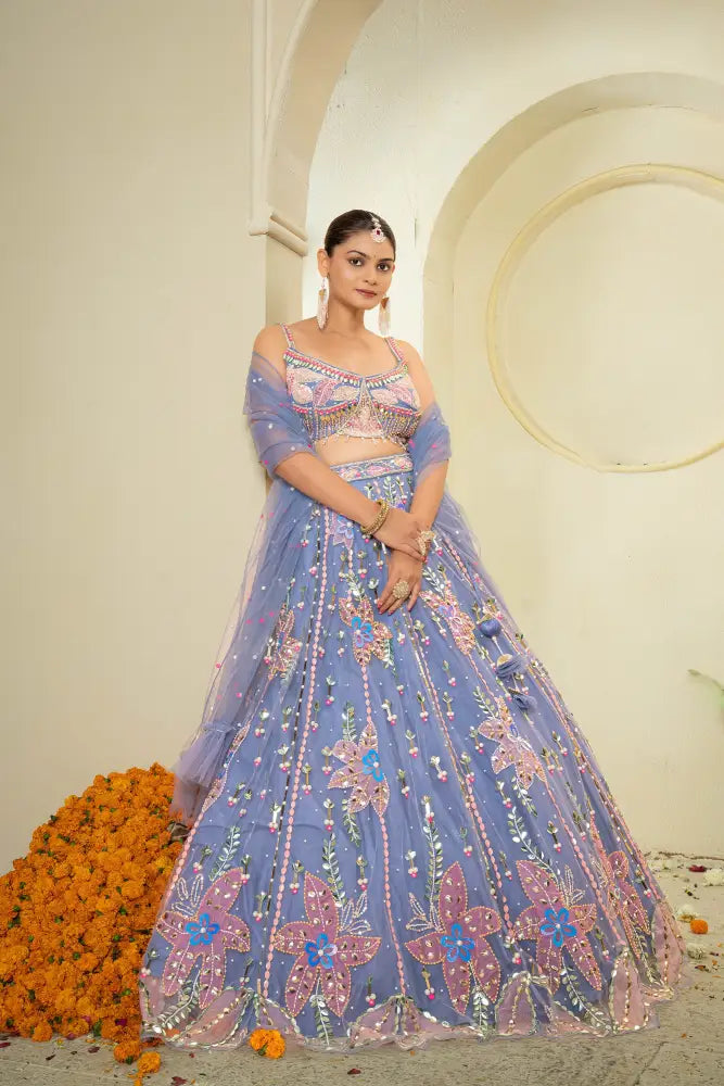 Handcrafted Net Lehenga In Light Blue With Beautiful Detailing Lehenga