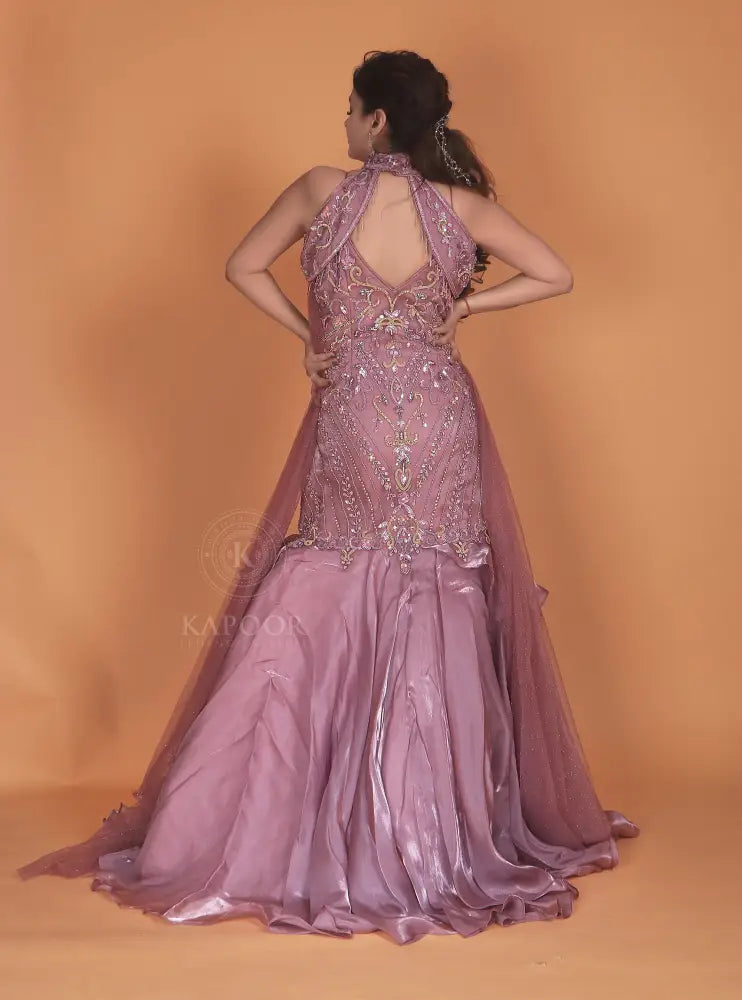 Handmade Purple Designer Gown In Jimmy Choo Fabric With Intricate Beadwork