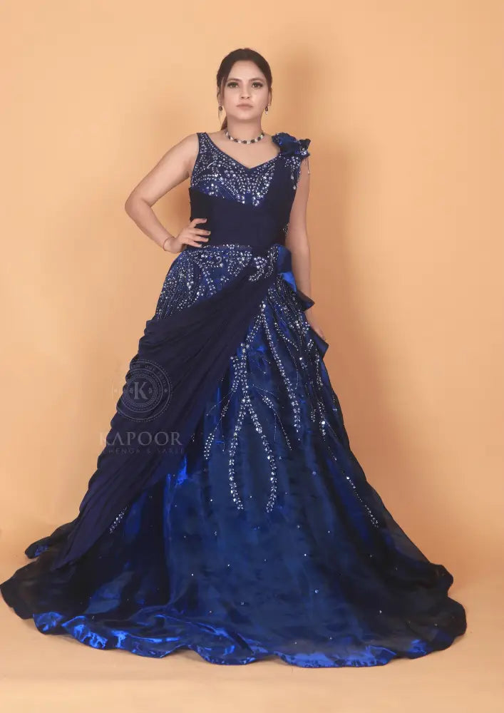 Handmade Royal Blue Designer Gown In Jimmy Choo Fabric With Detailed Beadwork