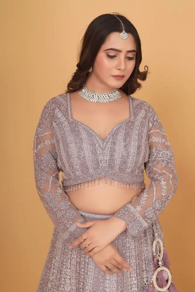 Light Purple Net Lehenga With Handwork Sequence Jarkan And Thread Detailing