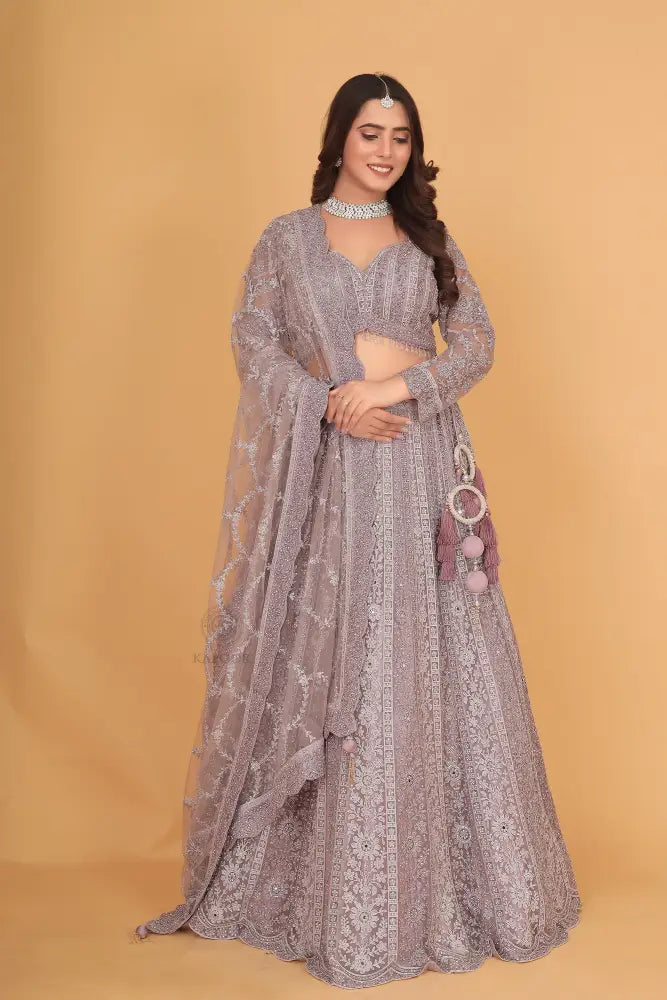 Light Purple Net Lehenga With Handwork Sequence Jarkan And Thread Detailing