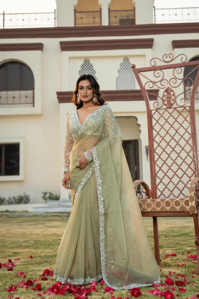 Lightweight Pista Green Organza Saree With Artistic Handwork Saree