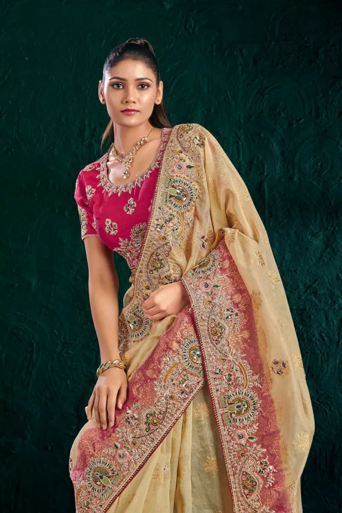 Multi-Color Banarasee Saree Designed With Delicate Stone Details Saree