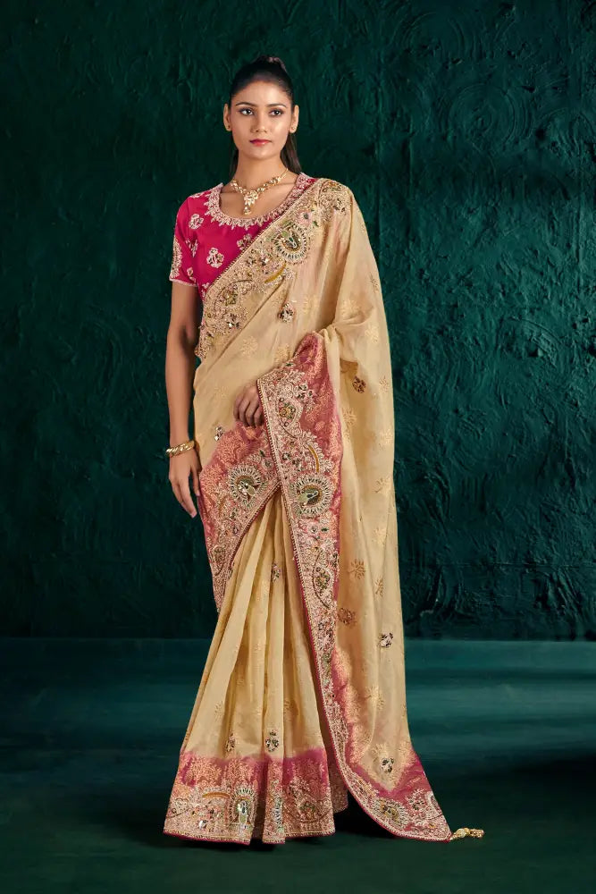Multi-Color Banarasee Saree Designed With Delicate Stone Details Saree