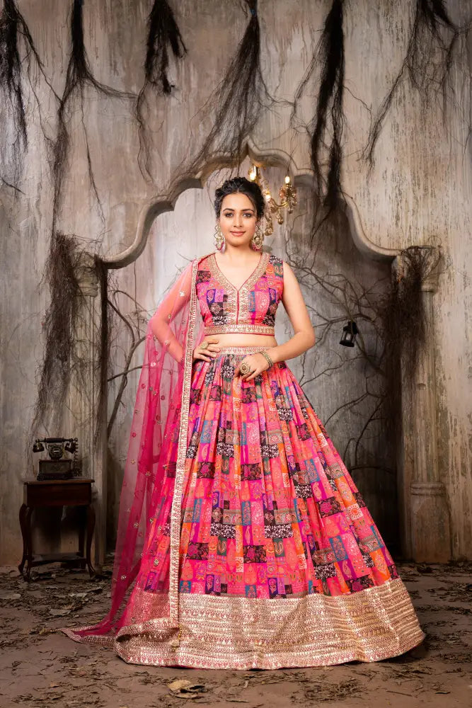 Multicolor Printed Handwork Lehenga Choli With A Graceful Pink Touch. Lehenga