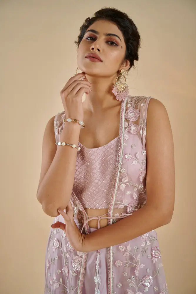Party Wear Mauve Indo Western With Decorative Mirror And Stone Work Indo Western