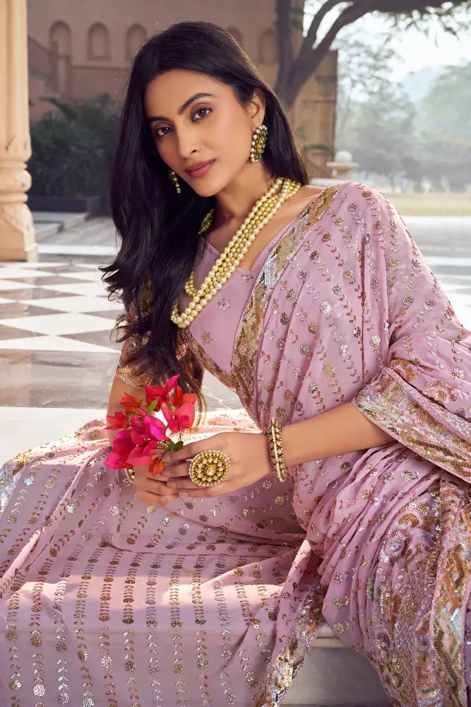 Pink Georgette Saree With Intricate Multi Sequins For Wedding Events Saree