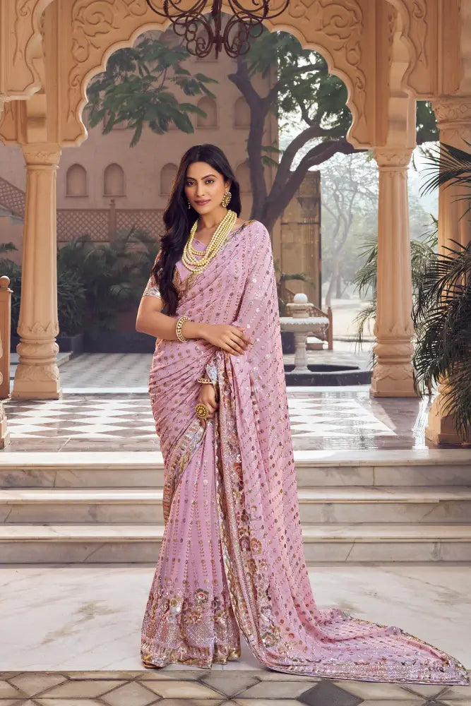 Pink Georgette Saree With Intricate Multi Sequins For Wedding Events Saree
