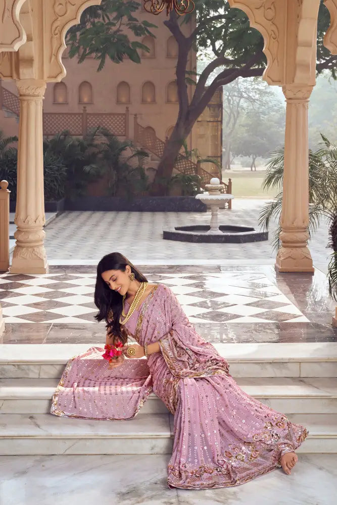 Pink Georgette Saree With Intricate Multi Sequins For Wedding Events Saree