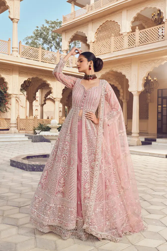 Pink Net Saree Exquisitely Handcrafted With Bead And Cut Dana Work Saree