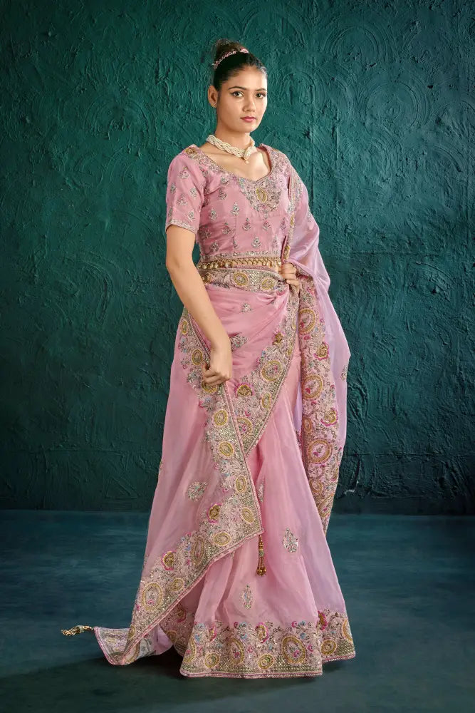 Pink Organza Saree With Exclusive Stone Work For Grand Occasions Saree