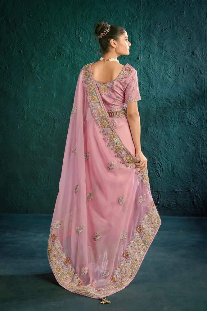 Pink Organza Saree With Exclusive Stone Work For Grand Occasions Saree