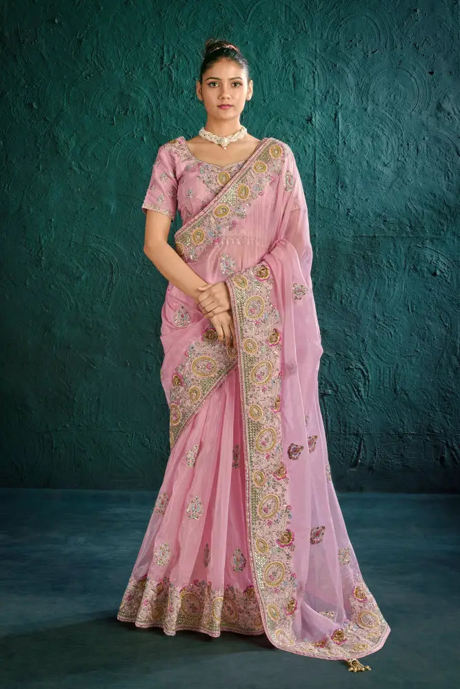 Pink Organza Saree With Exclusive Stone Work For Grand Occasions Saree