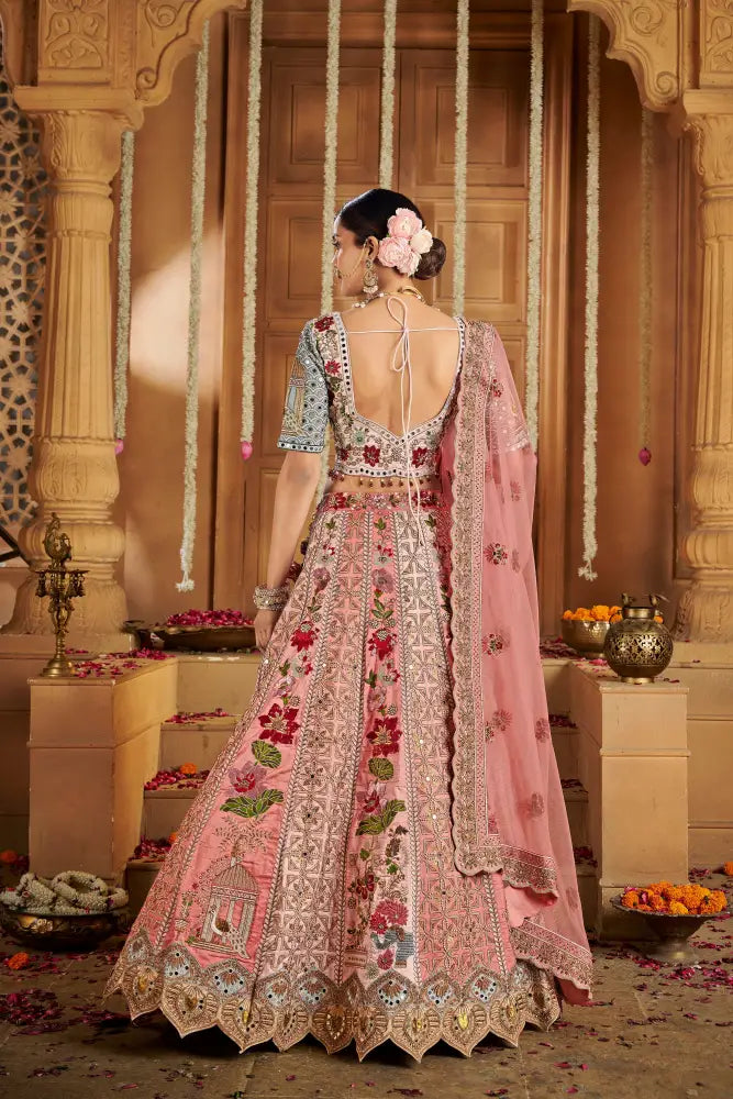 Pink Raw Silk Lehenga With Dupatta And Traditional Hand Embroidery Lehenga