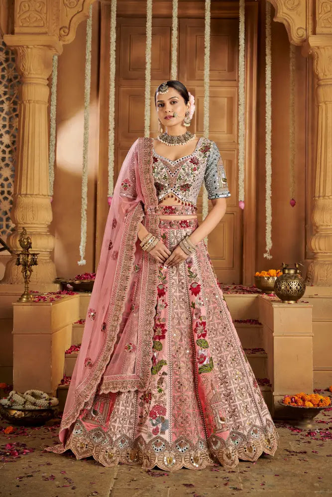 Pink Raw Silk Lehenga With Dupatta And Traditional Hand Embroidery Lehenga