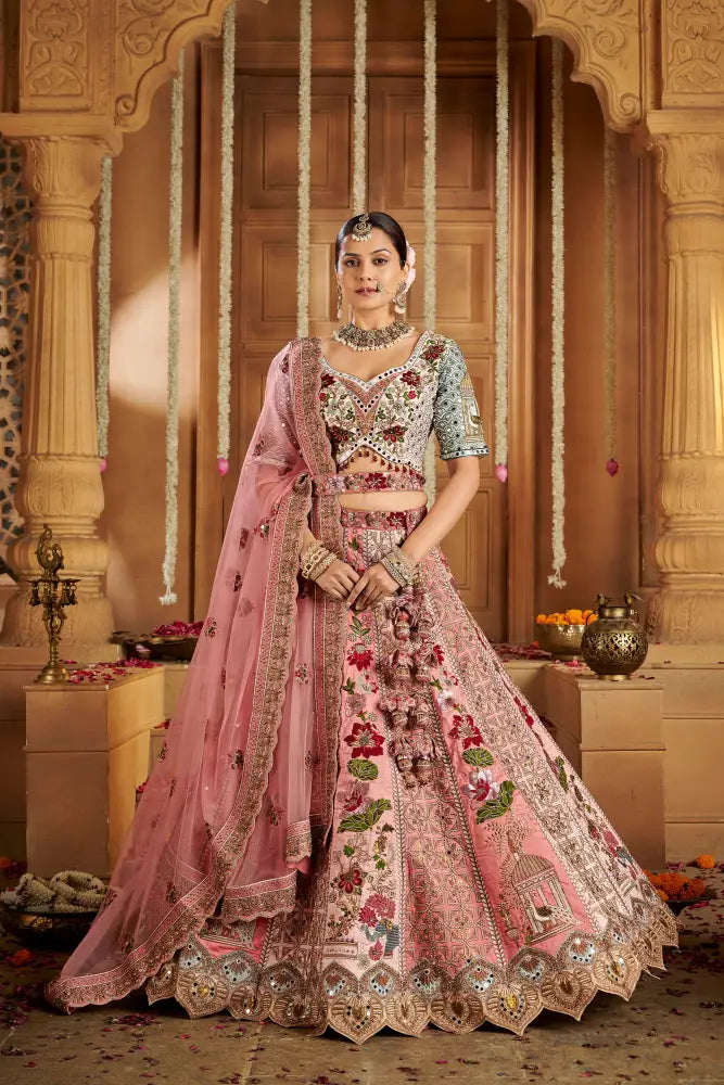 Pink Raw Silk Lehenga With Dupatta And Traditional Hand Embroidery Lehenga