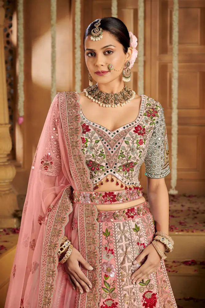 Pink Raw Silk Lehenga With Dupatta And Traditional Hand Embroidery Lehenga