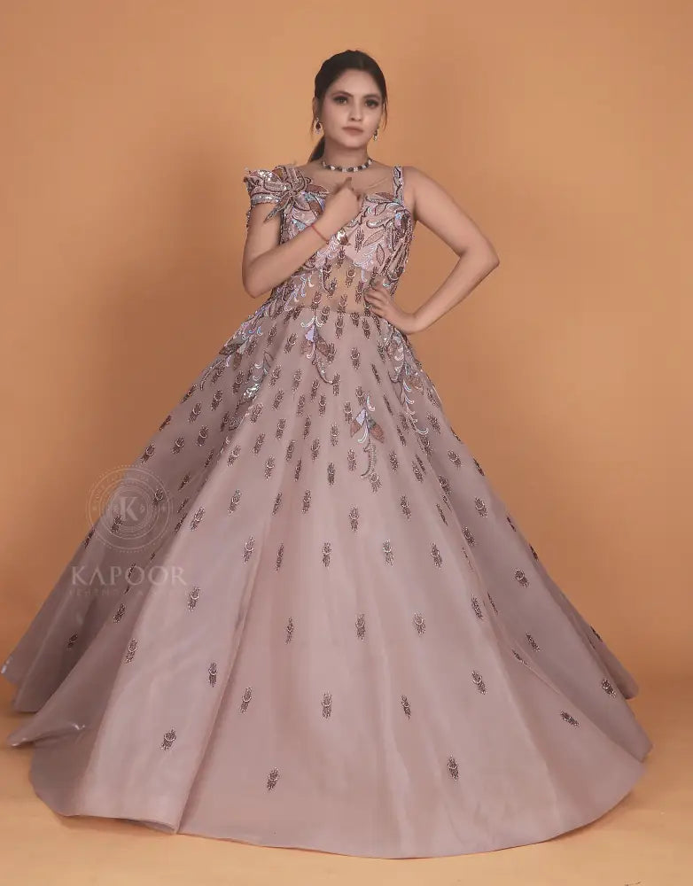 Premium Designer Bollywood Inspired Pink Gown With Exclusive Handwork Jimmy Choo Fabric