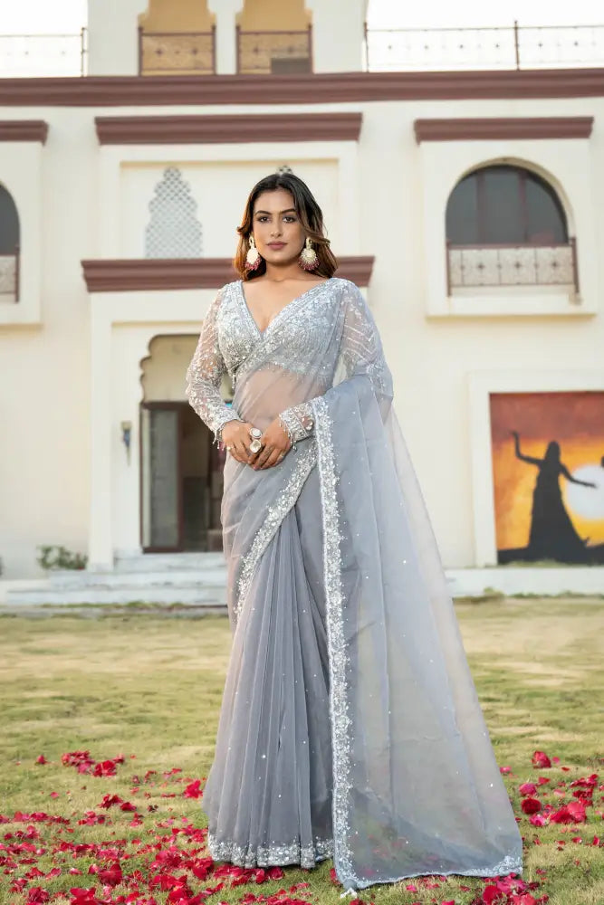 Premium Grey Organza Saree With Exquisite Hand-Stitched Patterns Saree