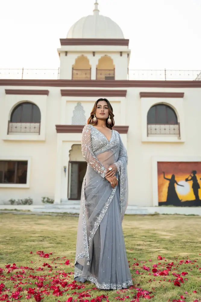 Premium Grey Organza Saree With Exquisite Hand-Stitched Patterns Saree