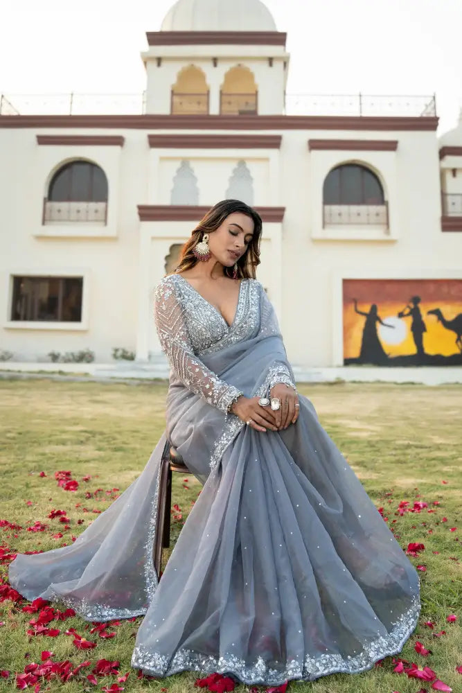 Premium Grey Organza Saree With Exquisite Hand-Stitched Patterns Saree
