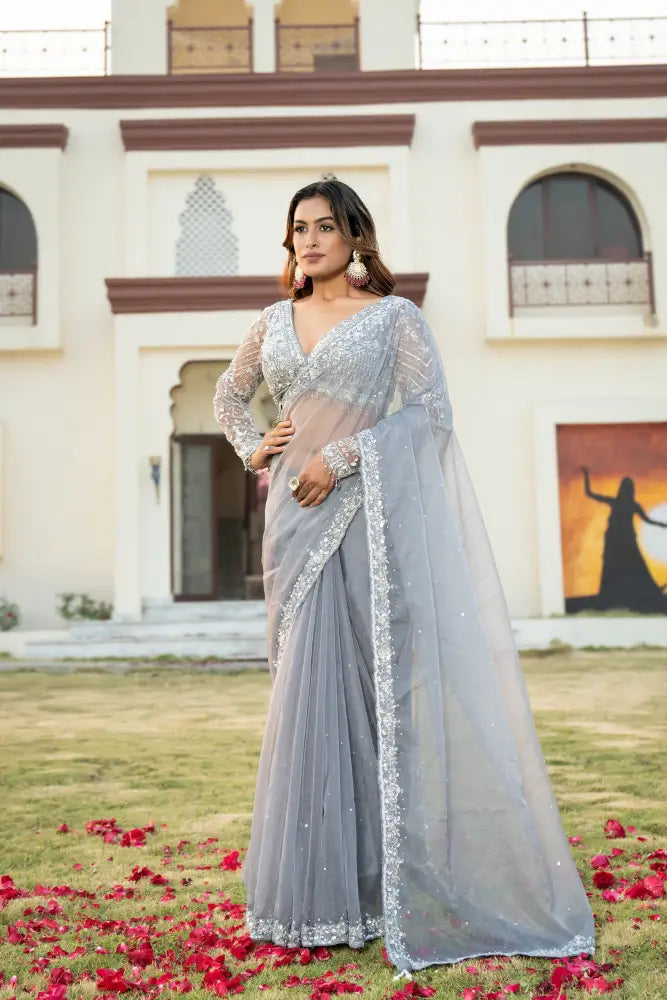 Premium Grey Organza Saree With Exquisite Hand-Stitched Patterns Saree