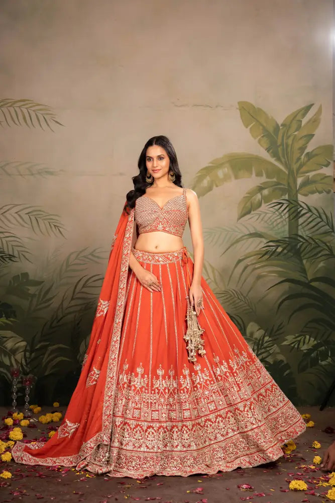 Premium Rust Orange Georgette Lehenga With Fine Embroidery Lehenga
