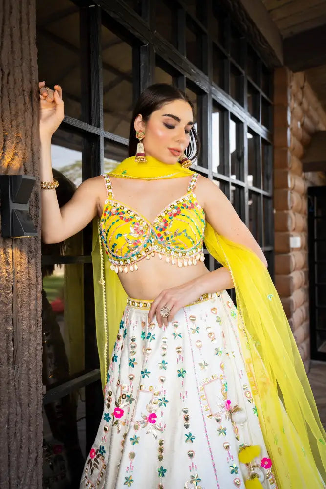 Premium Silk Lehenga In Multi Yellow Adorned With Detailed Embroidery Lehenga