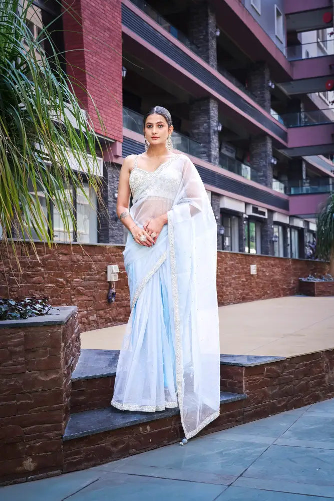 Pure Handmade Powder Blue Organza Saree