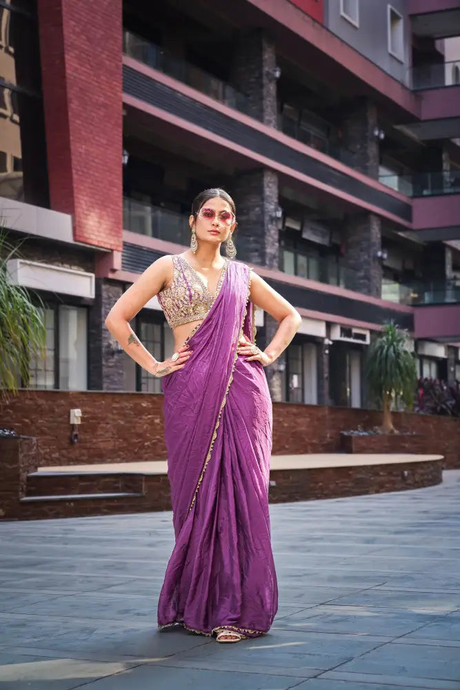 Purple Designer Crepe Saree With Hand And Zari Work