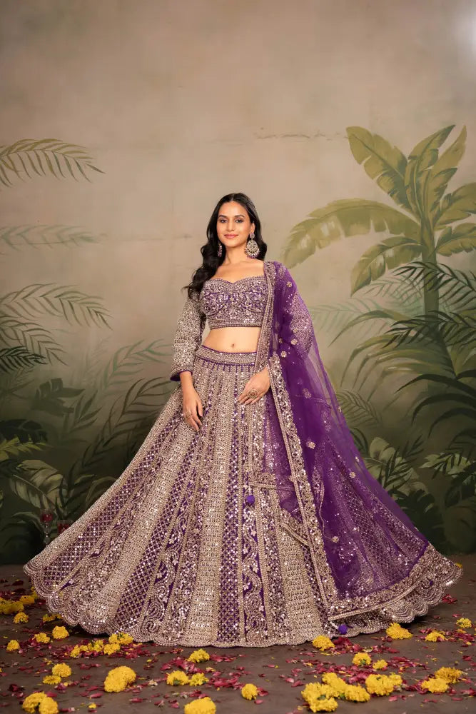 Purple Net Lehenga With Dupatta Featuring Intricate Mirror Jarkan Lehenga