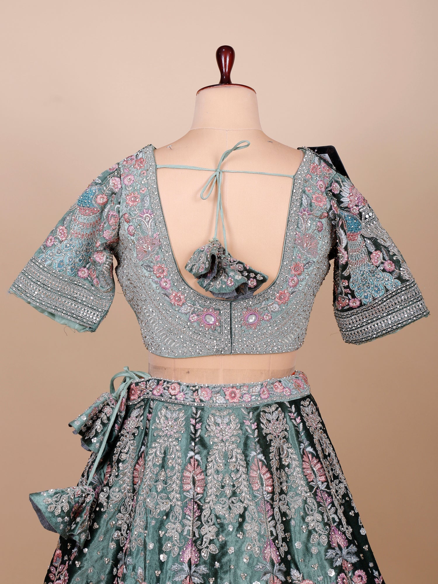 Sage Green Multi-Thread Velvet Lehenga with Jarkan Work