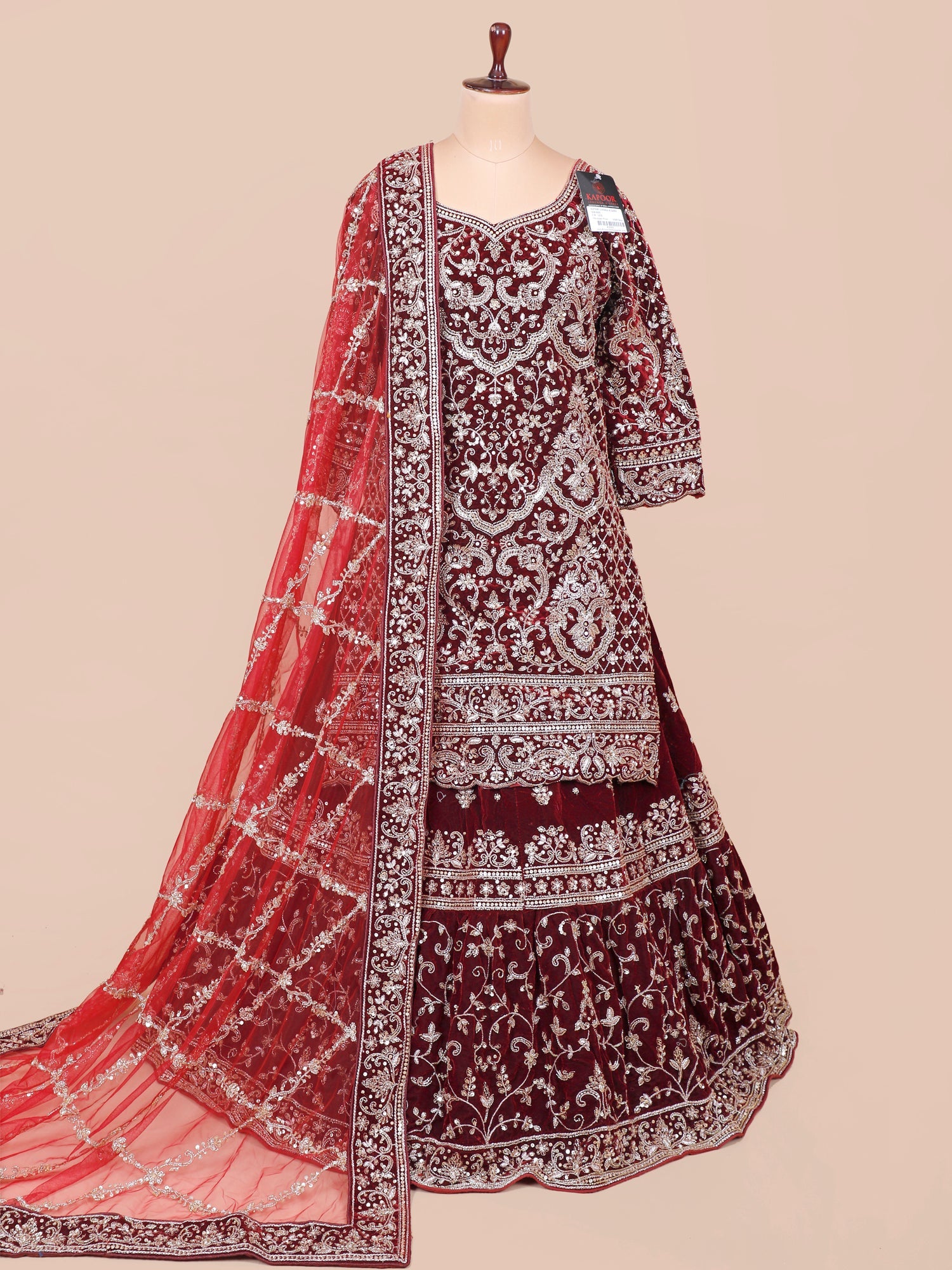 Maroon Majesty Peplum Velvet Lehenga with Jarkan Diamond