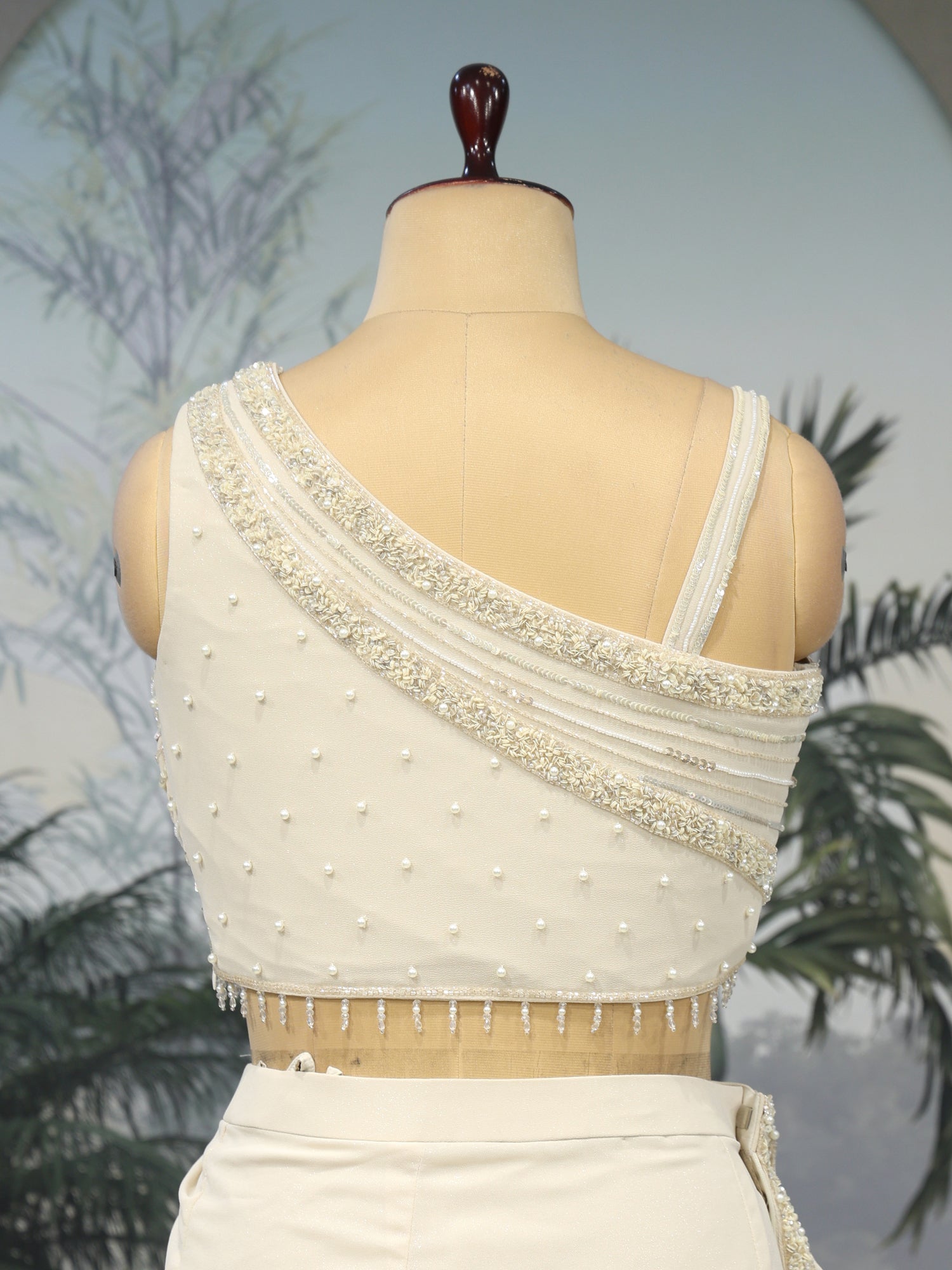 Off White Smooth Lycra Saree Elite Sequence Beads Moti Edition