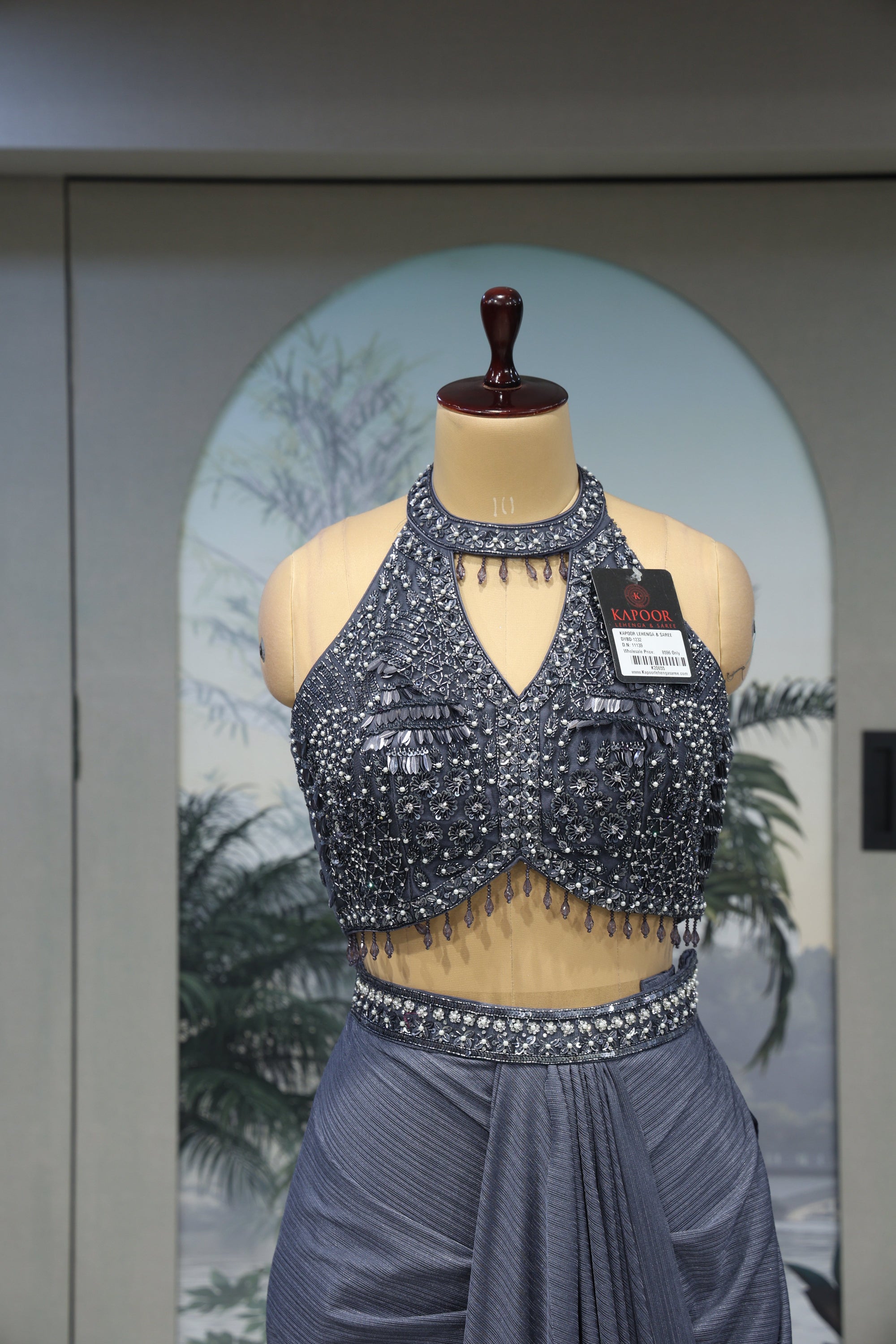 Charcoal Grey Designer Saree with Exclusive Diamond Moti Detailing