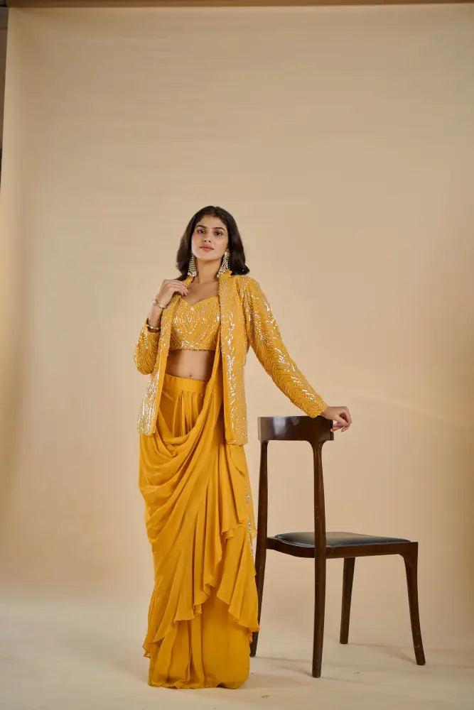 Rich Yellow Indo Western With Beautiful Handcrafted Artwork Indo Western