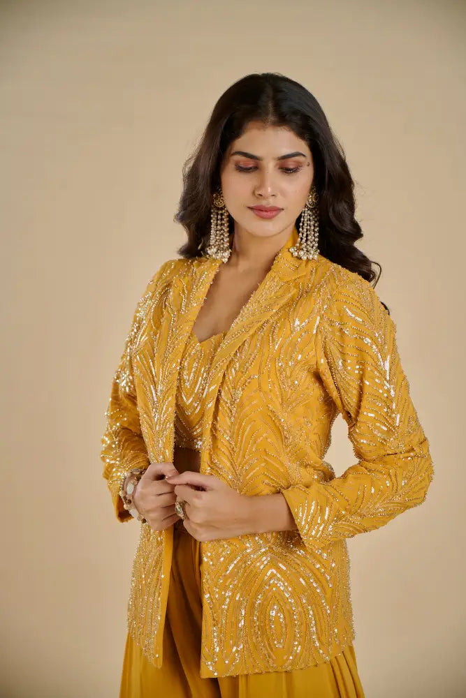 Rich Yellow Indo Western With Beautiful Handcrafted Artwork Indo Western