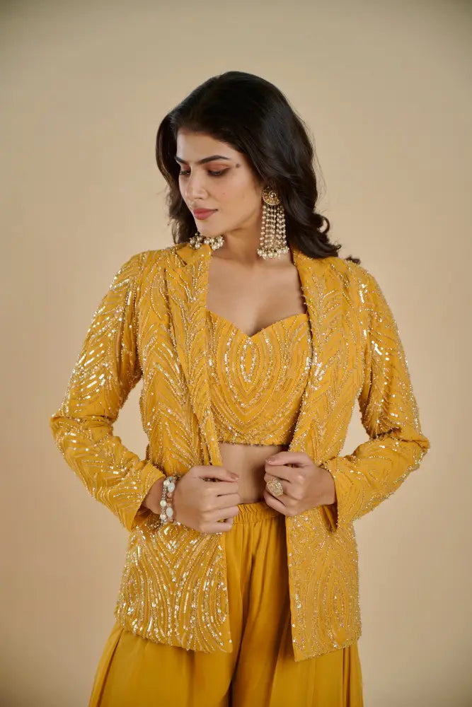 Rich Yellow Indo Western With Beautiful Handcrafted Artwork Indo Western